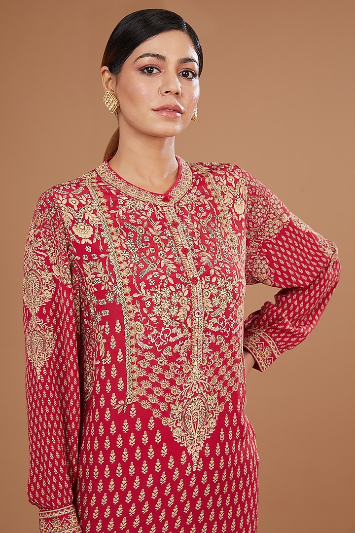 Red Bemberg Crepe Digital Printed & Swarovski Embroidered Kurta Set by NIRRAAMYAA at Pernia's Pop Up Shop