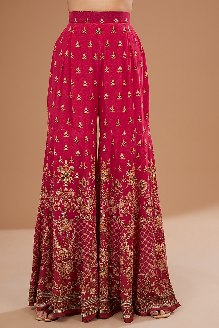 Red Crepe & Georgette Digital Printed & Swarovski Embroidered Party Wear Sharara Set by NIRRAAMYAA at Pernia's Pop Up Shop