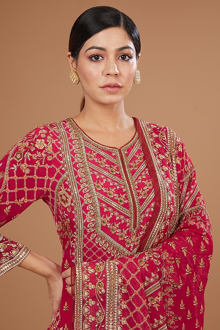 Red Crepe & Georgette Digital Printed & Swarovski Embroidered Party Wear Sharara Set by NIRRAAMYAA at Pernia's Pop Up Shop