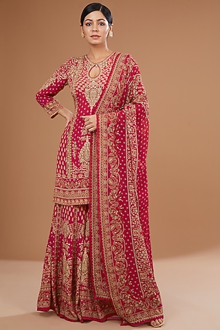 Red Crepe & Georgette Digital Printed & Swarovski Embroidered Sharara Set by NIRRAAMYAA