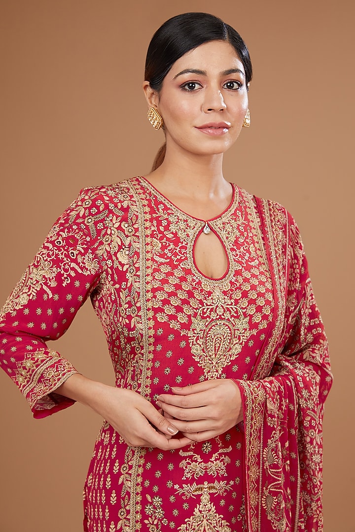 Red Crepe & Georgette Digital Printed & Swarovski Embroidered Party Wear Sharara Set by NIRRAAMYAA at Pernia's Pop Up Shop