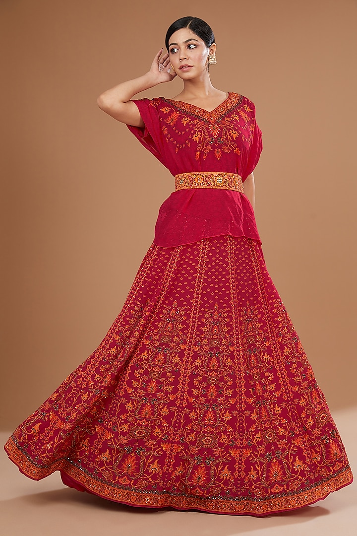 Red Crepe & Organza Digital Printed & Swarovski Embroidered Wedding Lehenga Set by NIRRAAMYAA at Pernia's Pop Up Shop