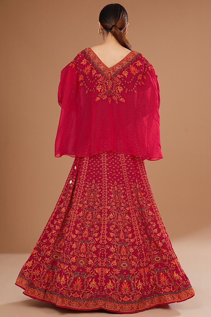 Red Crepe & Organza Digital Printed & Swarovski Embroidered Wedding Lehenga Set by NIRRAAMYAA at Pernia's Pop Up Shop