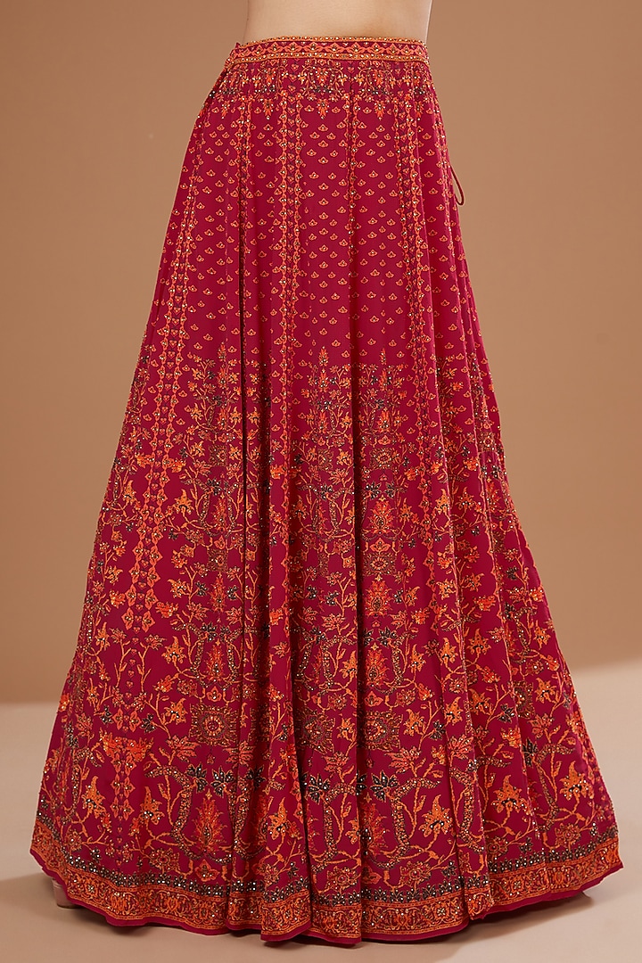 Red Crepe & Organza Digital Printed & Swarovski Embroidered Wedding Lehenga Set by NIRRAAMYAA at Pernia's Pop Up Shop