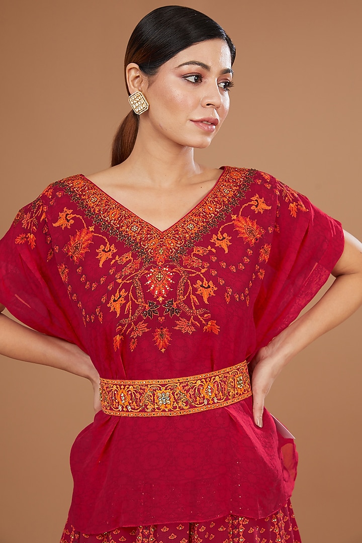 Red Crepe & Organza Digital Printed & Swarovski Embroidered Wedding Lehenga Set by NIRRAAMYAA at Pernia's Pop Up Shop
