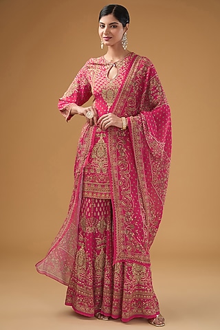 Fuchsia Bemberg Crepe Printed Sharara Set by NIRRAAMYAA