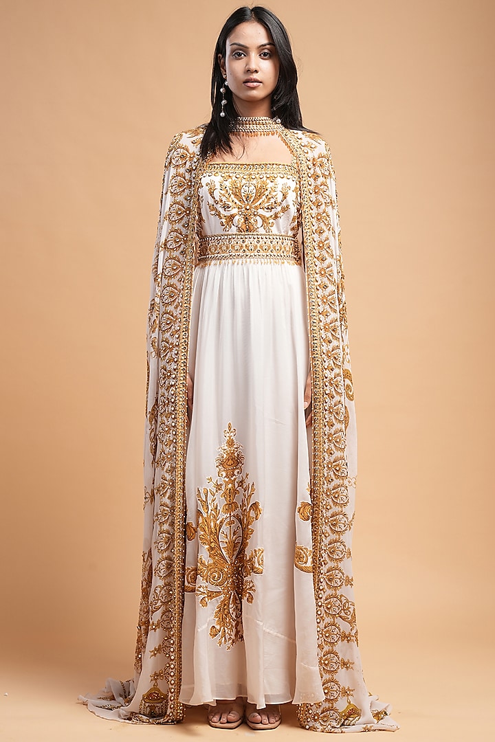 Beige Georgette & Organza Printed Draped Gown by NIRRAAMYAA at Pernia's Pop Up Shop