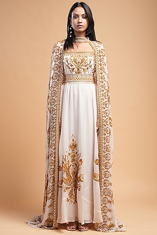 Beige Georgette & Organza Printed Draped Gown by NIRRAAMYAA