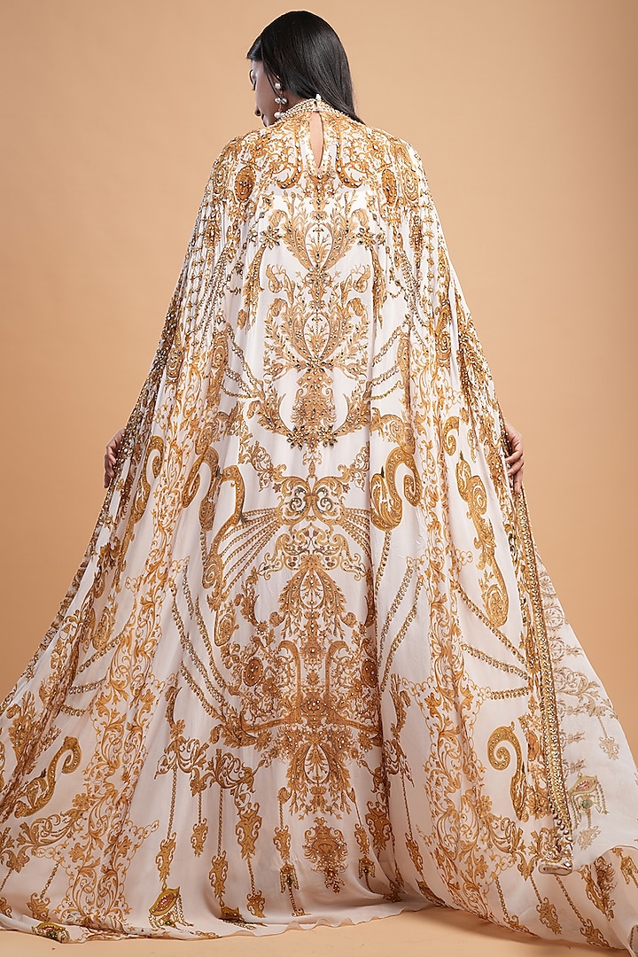 Beige Georgette & Organza Printed Draped Engagement Gown by NIRRAAMYAA at Pernia's Pop Up Shop