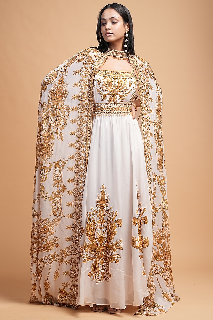 Beige Georgette & Organza Printed Draped Engagement Gown by NIRRAAMYAA at Pernia's Pop Up Shop