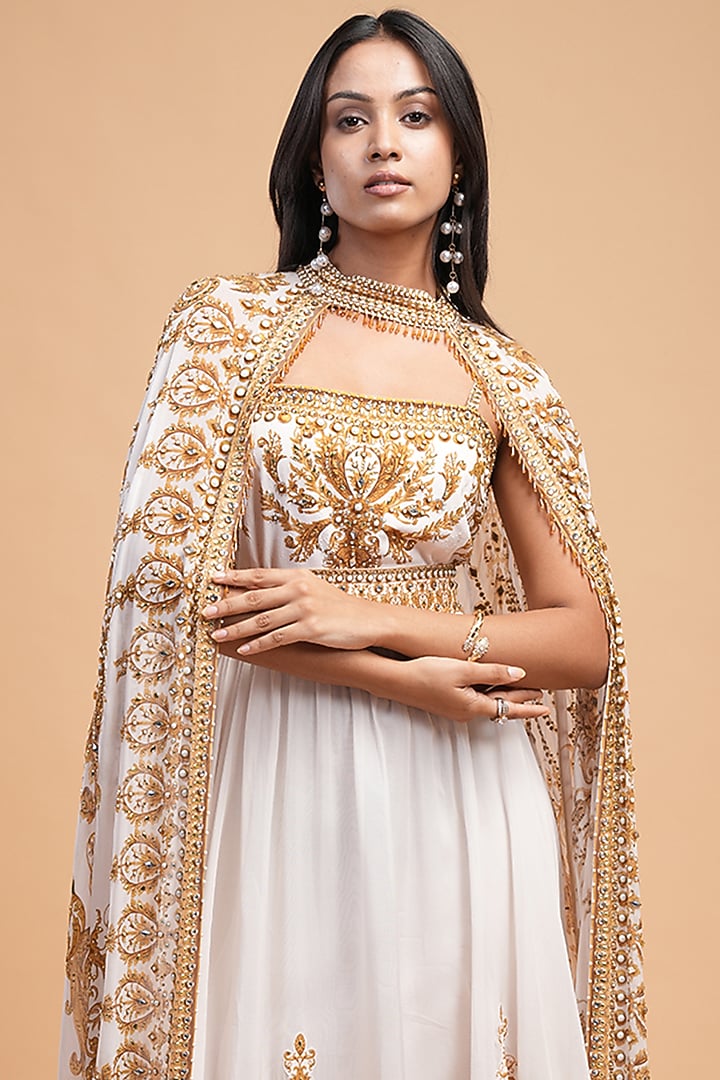 Beige Georgette & Organza Printed Draped Engagement Gown by NIRRAAMYAA at Pernia's Pop Up Shop