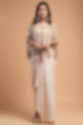 Beige Soft Net Digital Printed & Rhinestone Embroidered Cape Set by NIRRAAMYAA at Pernia's Pop Up Shop