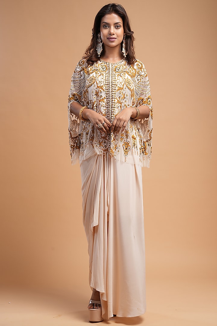 Beige Soft Net Digital Printed & Rhinestone Embroidered Cape Set by NIRRAAMYAA at Pernia's Pop Up Shop