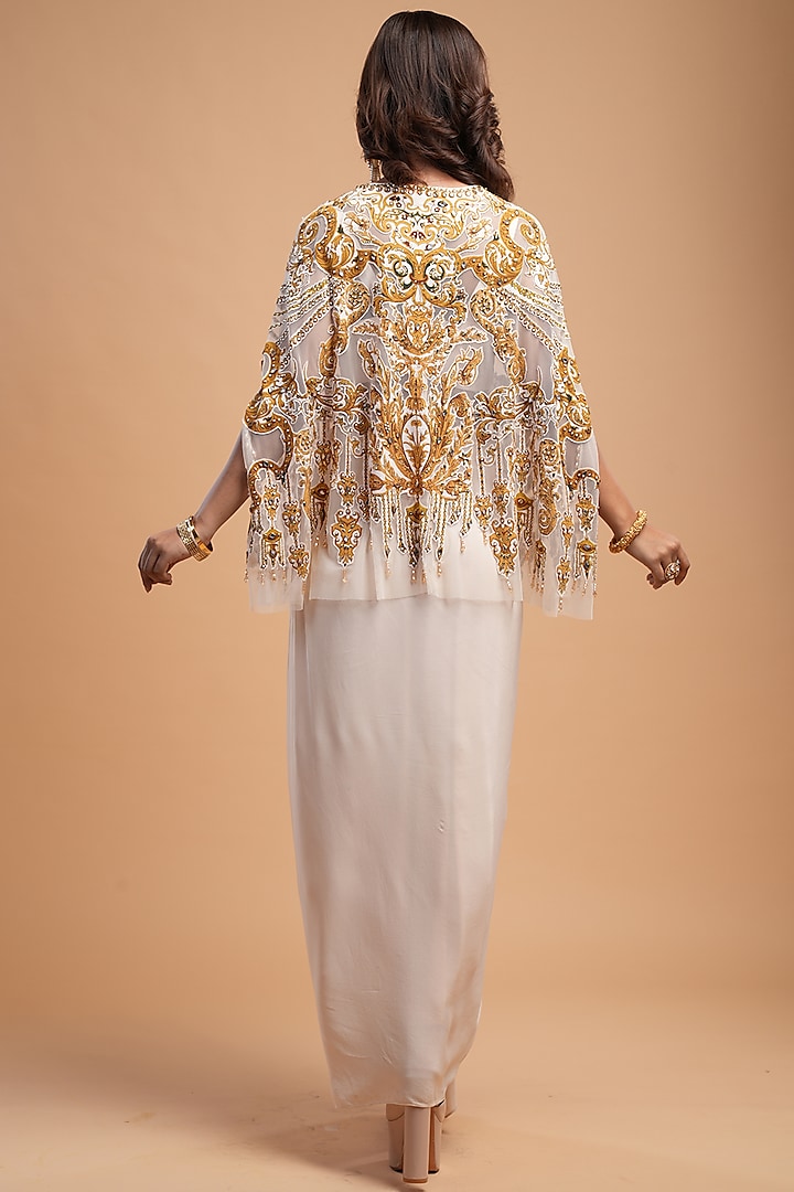Beige Soft Net Digital Printed & Rhinestone Embroidered Cape Set by NIRRAAMYAA at Pernia's Pop Up Shop