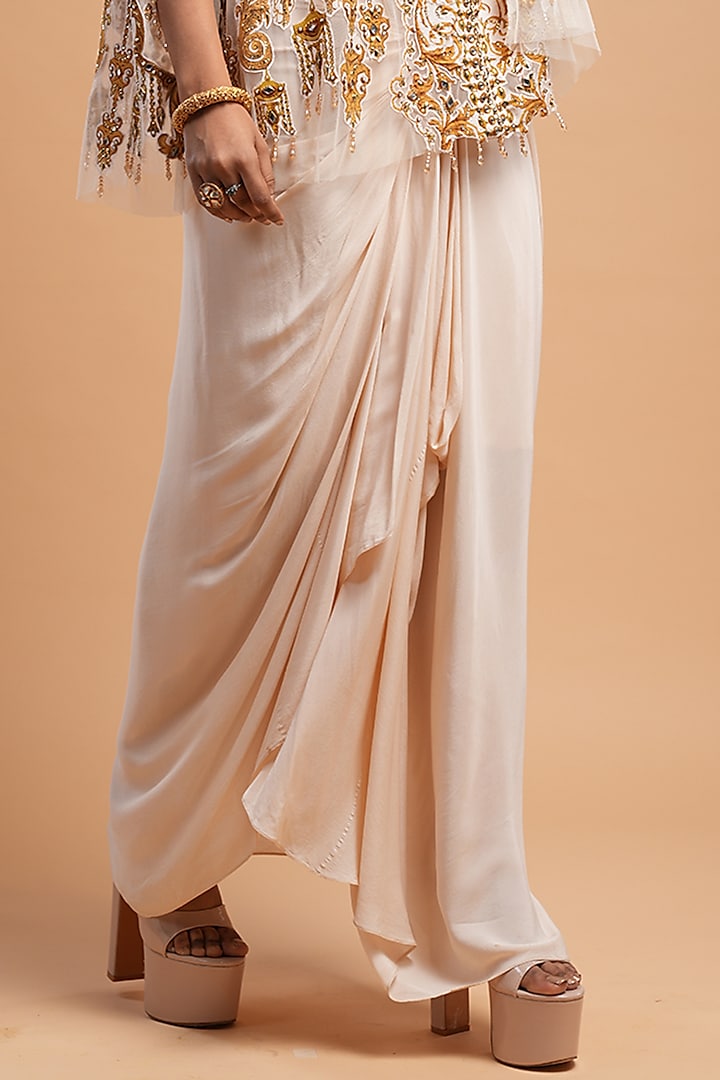 Beige Soft Net Digital Printed & Rhinestone Embroidered Cape Set by NIRRAAMYAA at Pernia's Pop Up Shop