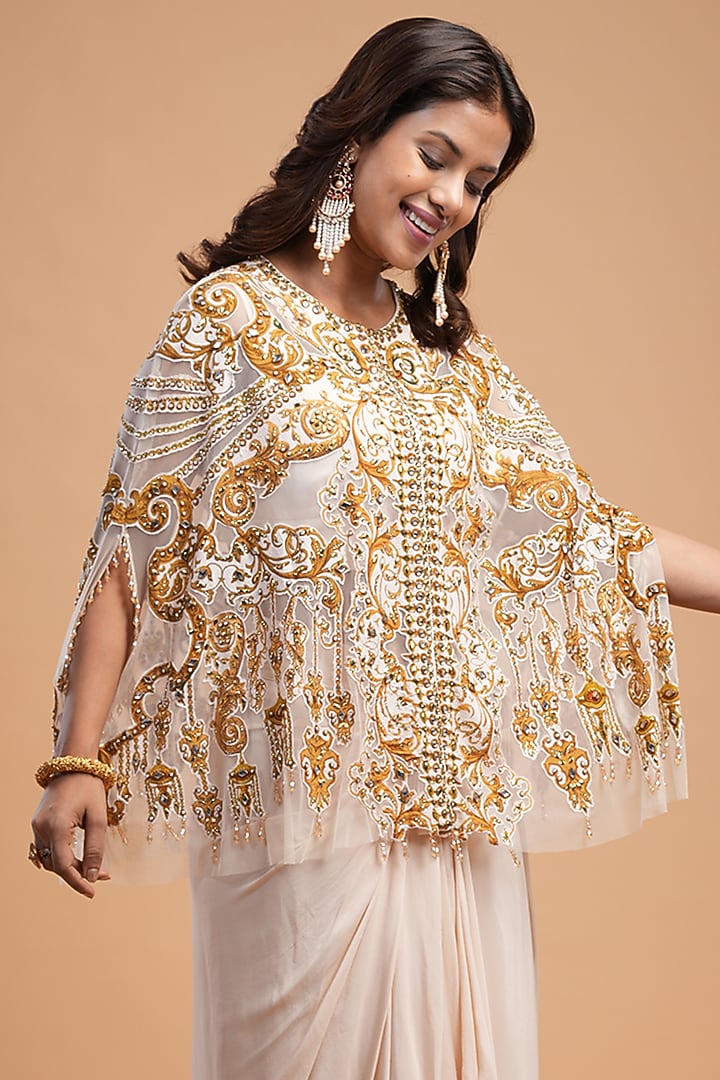 Beige Soft Net Digital Printed & Rhinestone Embroidered Cape Set by NIRRAAMYAA at Pernia's Pop Up Shop