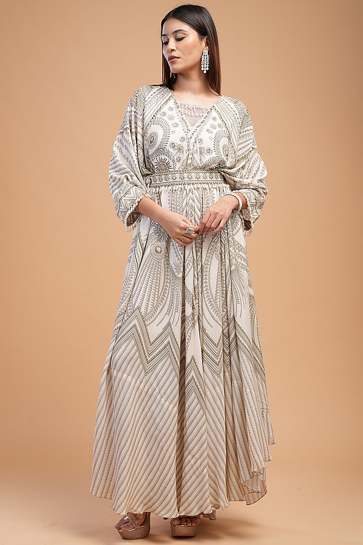 Beige Bemberg Crepe Digital Printed Kaftan With Belt by NIRRAAMYAA at Pernia's Pop Up Shop