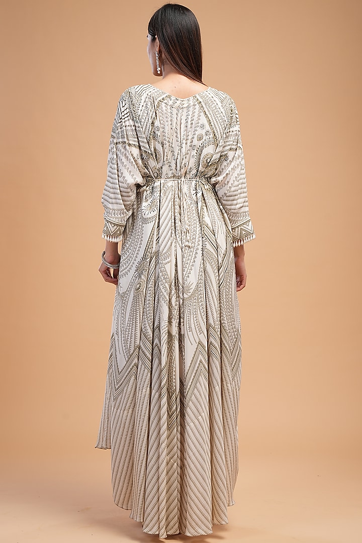 Beige Bemberg Crepe Digital Printed Kaftan With Belt by NIRRAAMYAA at Pernia's Pop Up Shop