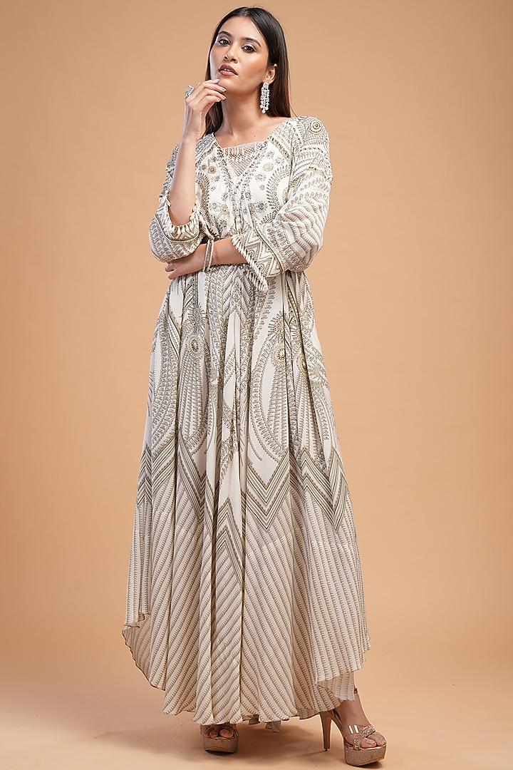 Beige Bemberg Crepe Digital Printed Kaftan With Belt by NIRRAAMYAA at Pernia's Pop Up Shop