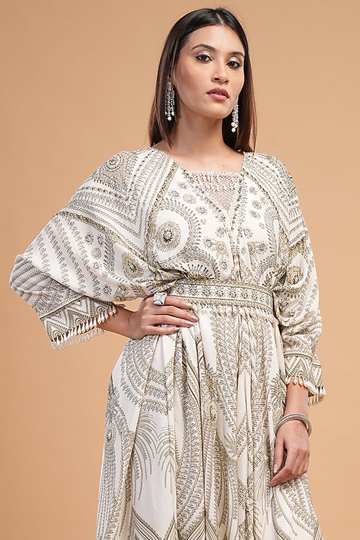 Beige Bemberg Crepe Digital Printed Kaftan With Belt by NIRRAAMYAA at Pernia's Pop Up Shop