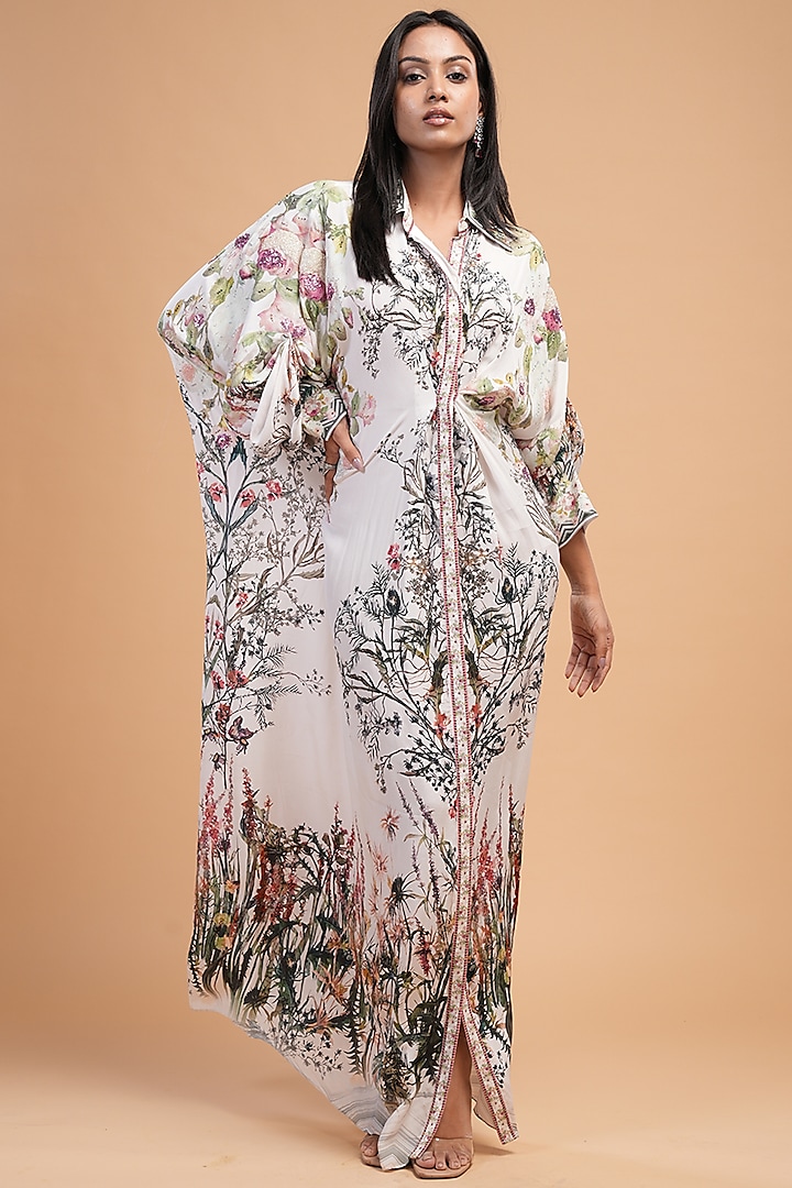 Ivory Bemberg Crepe Printed Draped Shirt Dress by NIRRAAMYAA at Pernia's Pop Up Shop