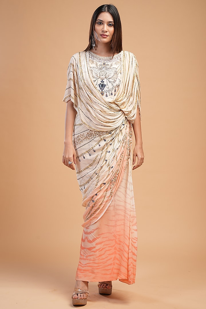 Beige Bemberg Crepe Digital Printed & Rhinestone Embroidered Dress by NIRRAAMYAA at Pernia's Pop Up Shop