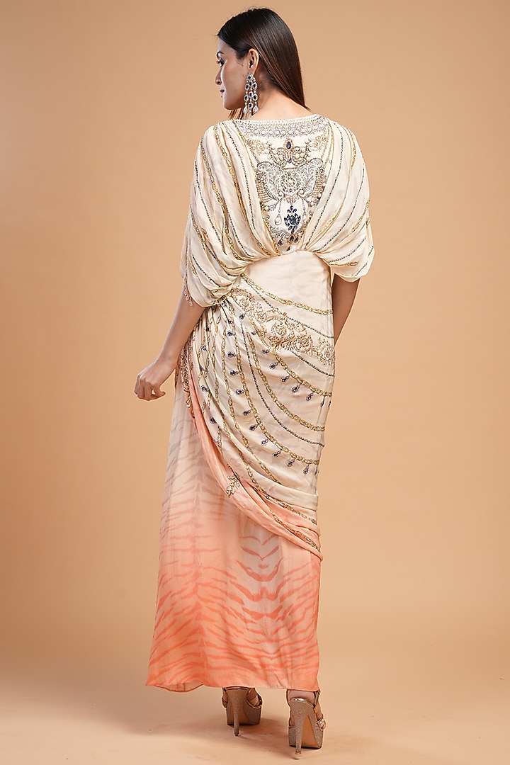 Beige Bemberg Crepe Digital Printed & Rhinestone Embroidered Cocktail Dress by NIRRAAMYAA at Pernia's Pop Up Shop