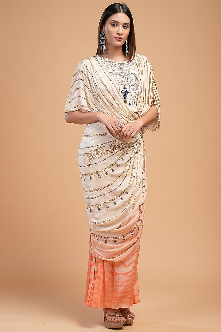 Beige Bemberg Crepe Digital Printed & Rhinestone Embroidered Cocktail Dress by NIRRAAMYAA at Pernia's Pop Up Shop