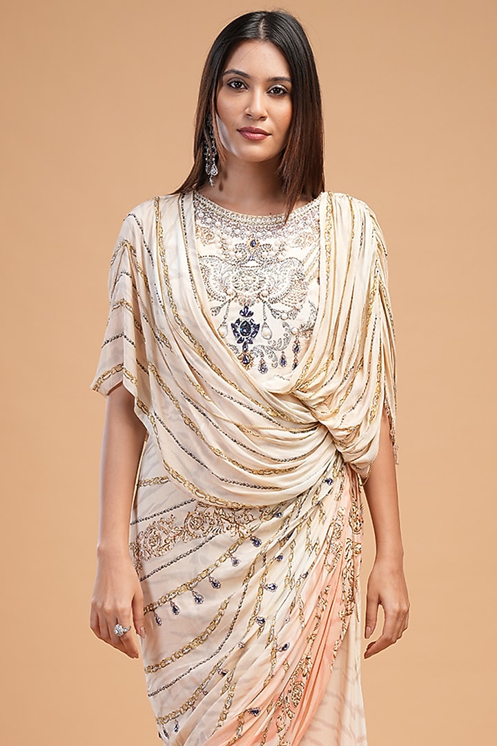 Beige Bemberg Crepe Digital Printed & Rhinestone Embroidered Cocktail Dress by NIRRAAMYAA at Pernia's Pop Up Shop