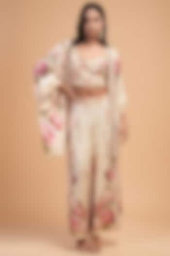 Beige Double Georgette Digital Printed & Rhinestone Embroidered Cape Set by NIRRAAMYAA at Pernia's Pop Up Shop