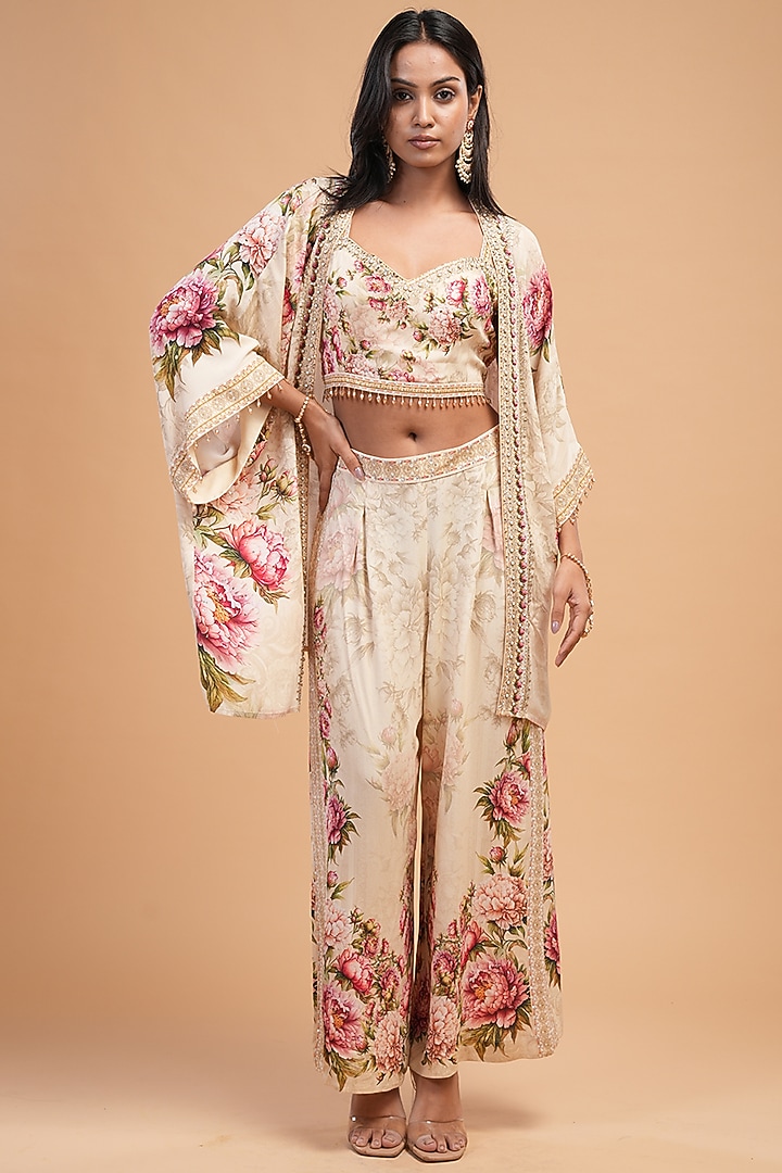 Beige Double Georgette Digital Printed & Rhinestone Embroidered Cape Set by NIRRAAMYAA at Pernia's Pop Up Shop