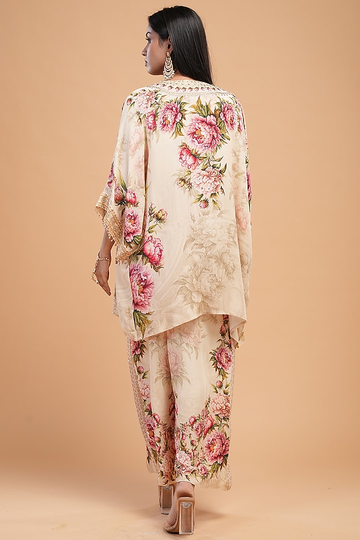 Beige Double Georgette Digital Printed & Rhinestone Embroidered Cape Set by NIRRAAMYAA at Pernia's Pop Up Shop