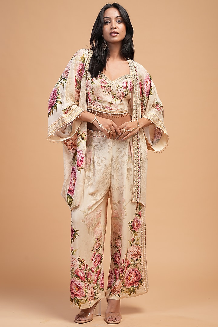 Beige Double Georgette Digital Printed & Rhinestone Embroidered Cape Set by NIRRAAMYAA at Pernia's Pop Up Shop