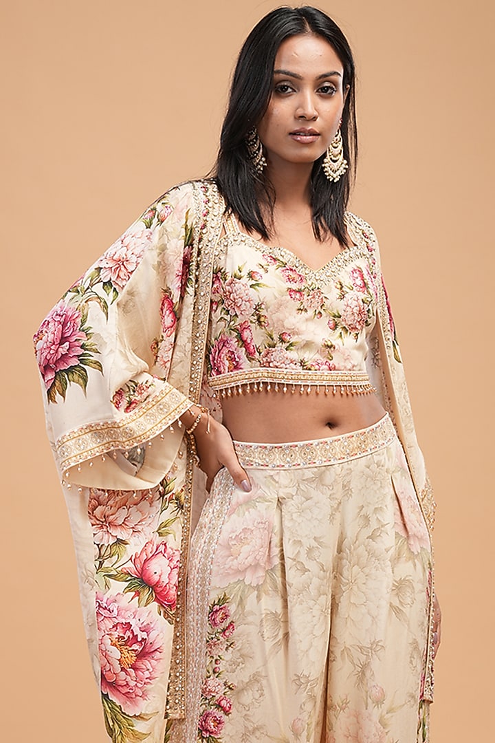 Beige Double Georgette Digital Printed & Rhinestone Embroidered Cape Set by NIRRAAMYAA at Pernia's Pop Up Shop