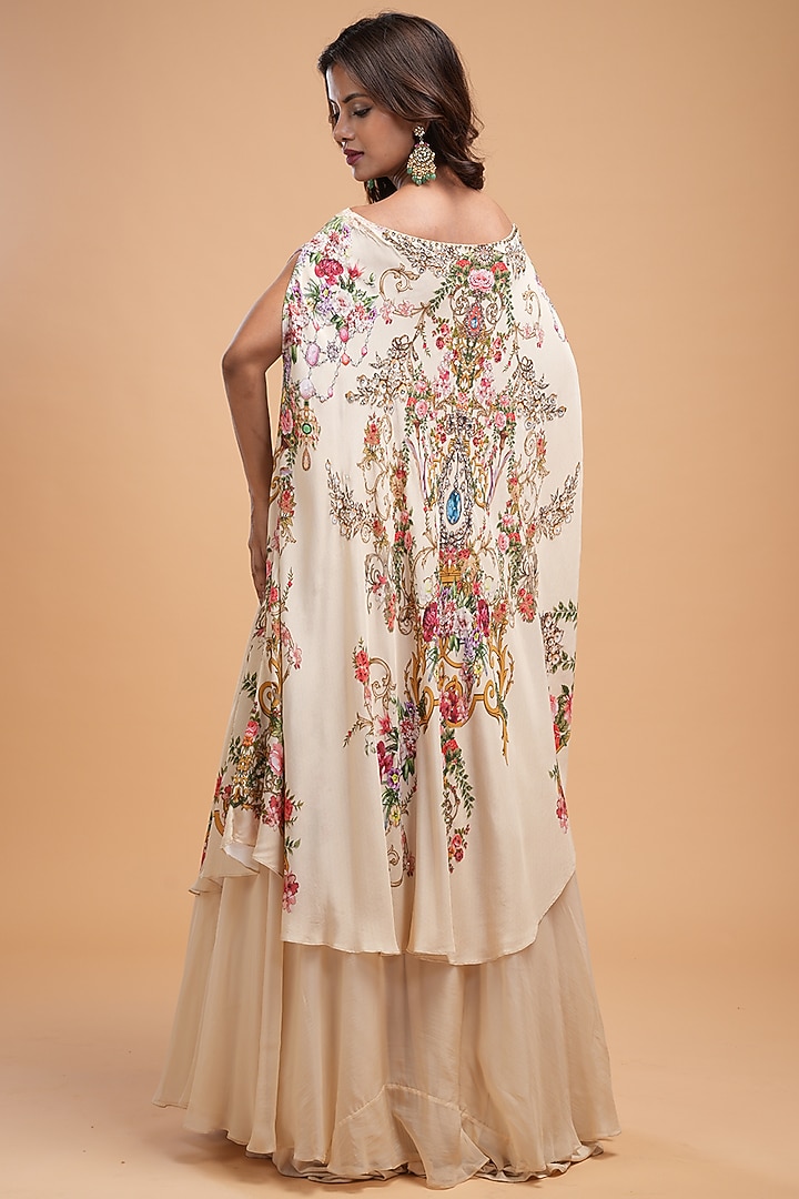 Beige Bemberg Crepe & Organza Dyed Skirt Set by NIRRAAMYAA at Pernia's Pop Up Shop