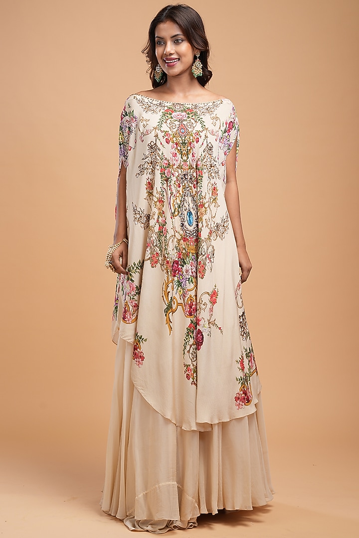 Beige Bemberg Crepe & Organza Dyed Skirt Set by NIRRAAMYAA at Pernia's Pop Up Shop