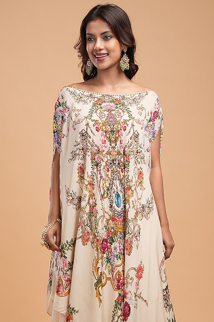 Beige Bemberg Crepe & Organza Dyed Skirt Set by NIRRAAMYAA at Pernia's Pop Up Shop