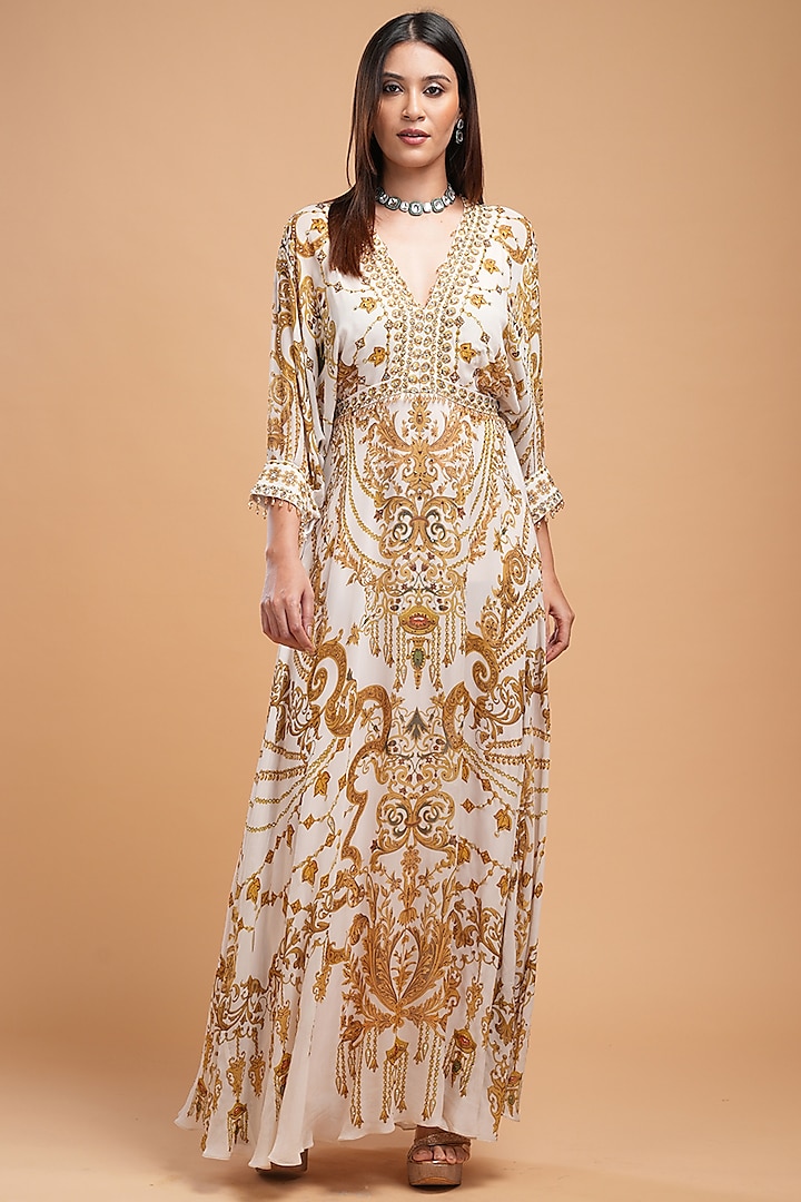 Beige Georgette Digital Printed & Rhinestone Embroidered Kaftan by NIRRAAMYAA at Pernia's Pop Up Shop