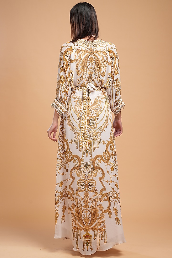 Beige Georgette Digital Printed & Rhinestone Embroidered Kaftan by NIRRAAMYAA at Pernia's Pop Up Shop