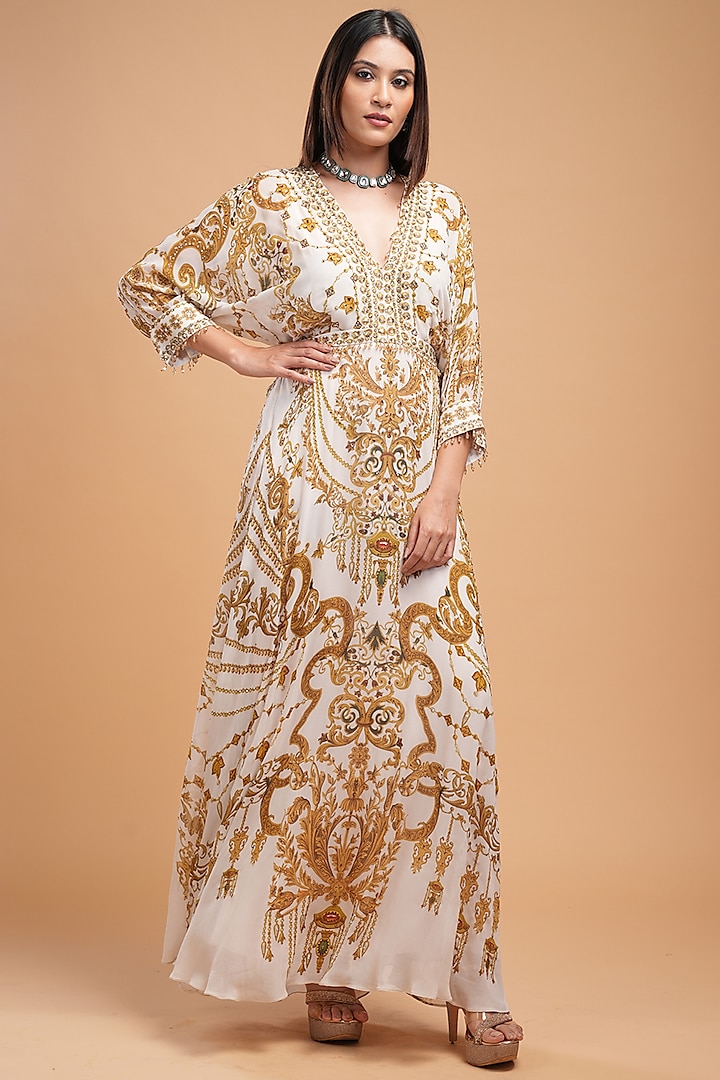 Beige Georgette Digital Printed & Rhinestone Embroidered Kaftan by NIRRAAMYAA at Pernia's Pop Up Shop