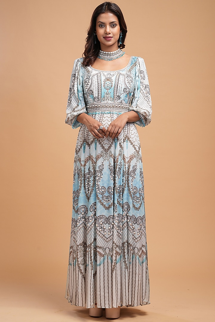 Aqua Bemberg Crepe Digital Printed Kaftan With Belt by NIRRAAMYAA at Pernia's Pop Up Shop