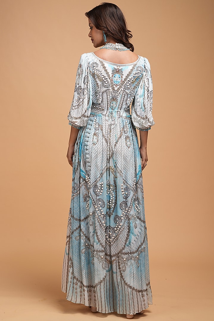 Aqua Bemberg Crepe Digital Printed Kaftan With Belt by NIRRAAMYAA at Pernia's Pop Up Shop