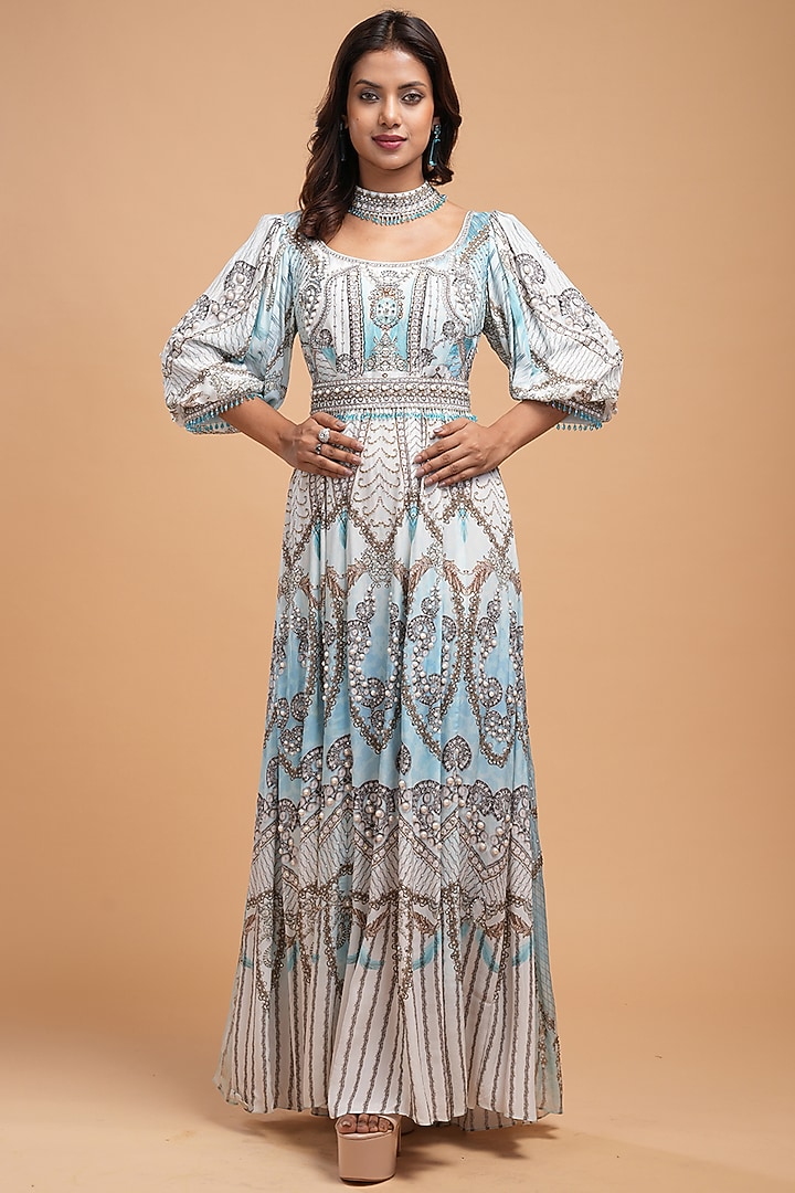 Aqua Bemberg Crepe Digital Printed Kaftan With Belt by NIRRAAMYAA at Pernia's Pop Up Shop
