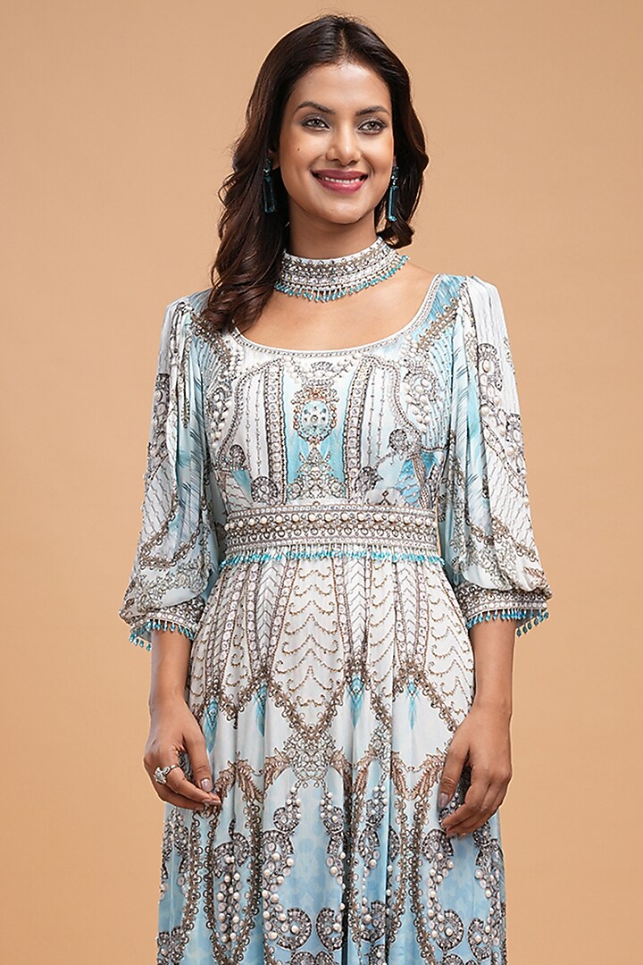 Aqua Bemberg Crepe Digital Printed Kaftan With Belt by NIRRAAMYAA at Pernia's Pop Up Shop