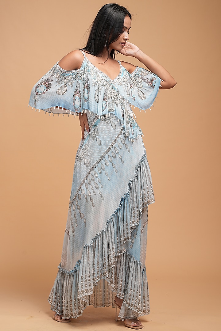 Aqua Georgette Digital Printed Cocktail Dress by NIRRAAMYAA at Pernia's Pop Up Shop