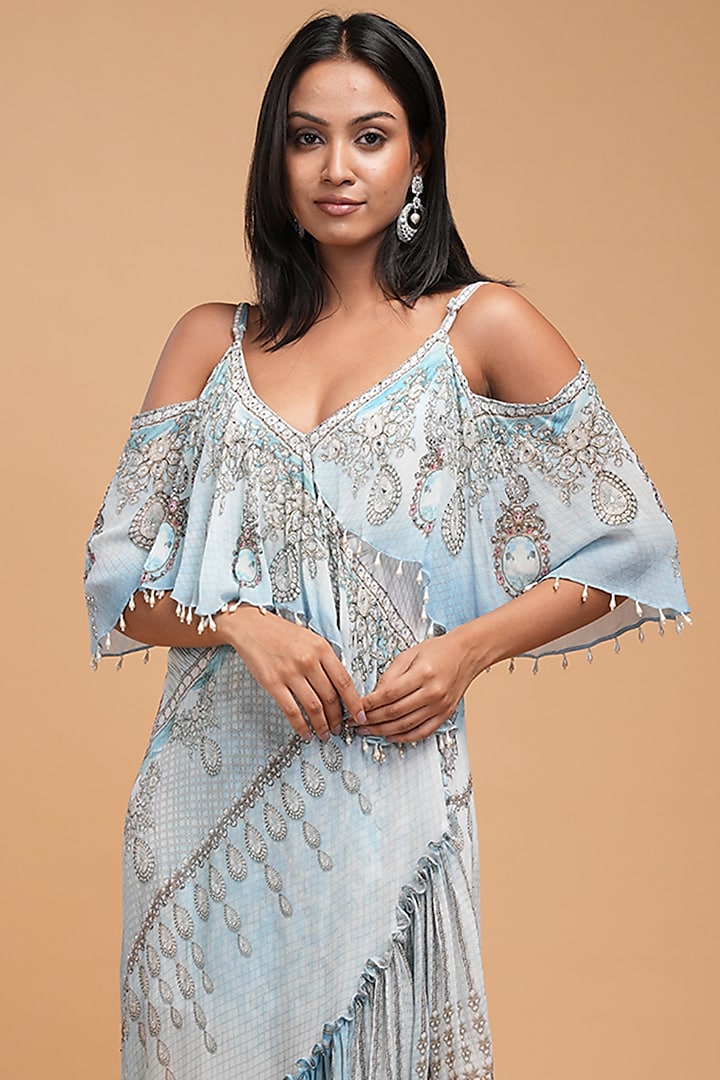 Aqua Georgette Digital Printed Cocktail Dress by NIRRAAMYAA at Pernia's Pop Up Shop