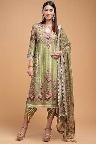 Pale Green Chanderi Digital Printed Kurta Set by NIRRAAMYAA