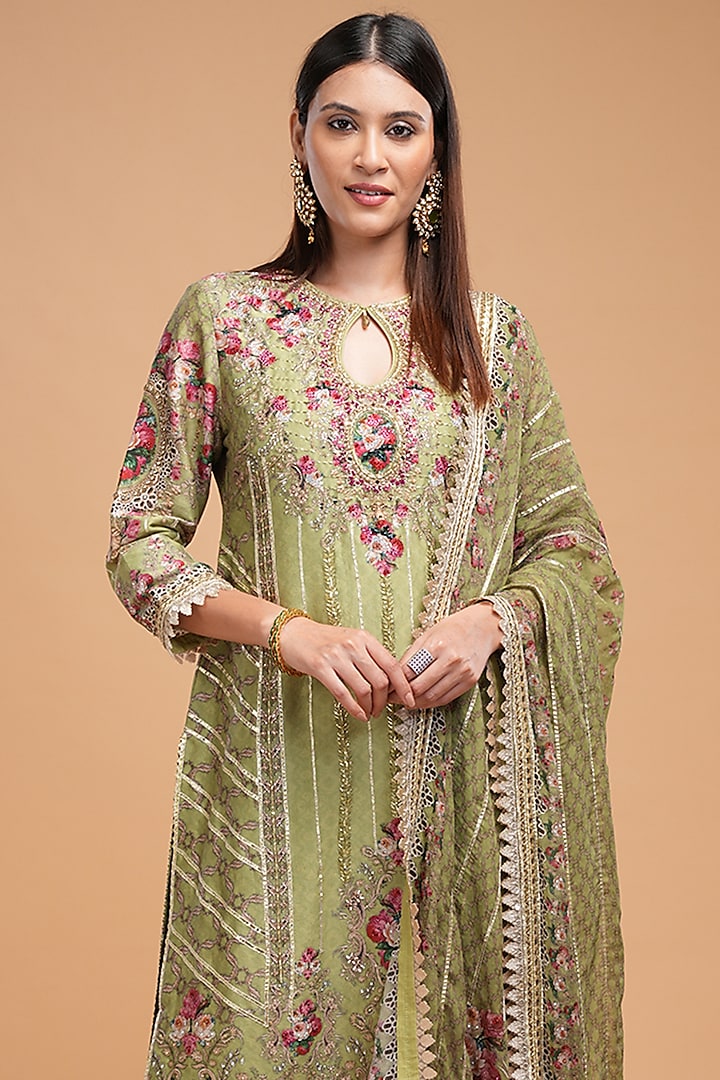 Pale Green Chanderi Digital Printed Kurta Set by NIRRAAMYAA at Pernia's Pop Up Shop