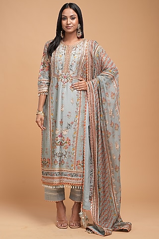Pale Mint Chanderi Digital Printed Kurta Set by NIRRAAMYAA