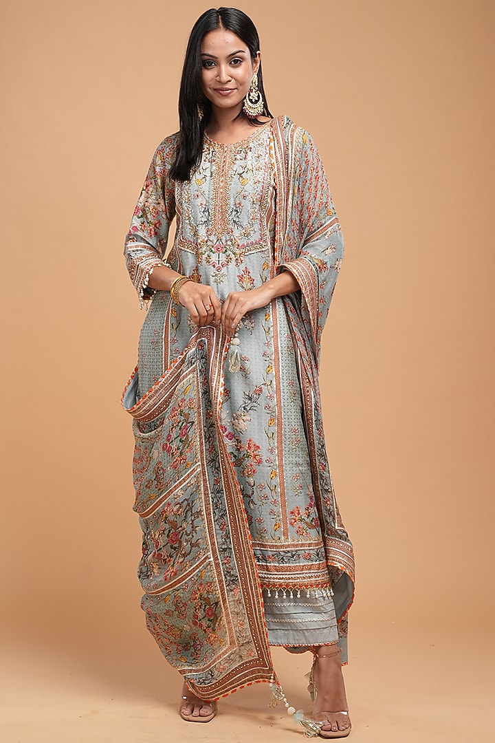 Pale Mint Chanderi Digital Printed Kurta Set by NIRRAAMYAA at Pernia's Pop Up Shop